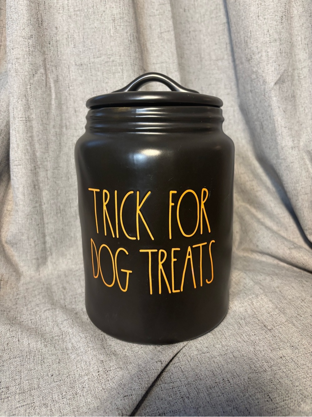 Rae Dunn Black Canister with Yellow Lettering - Dog Treat Jar